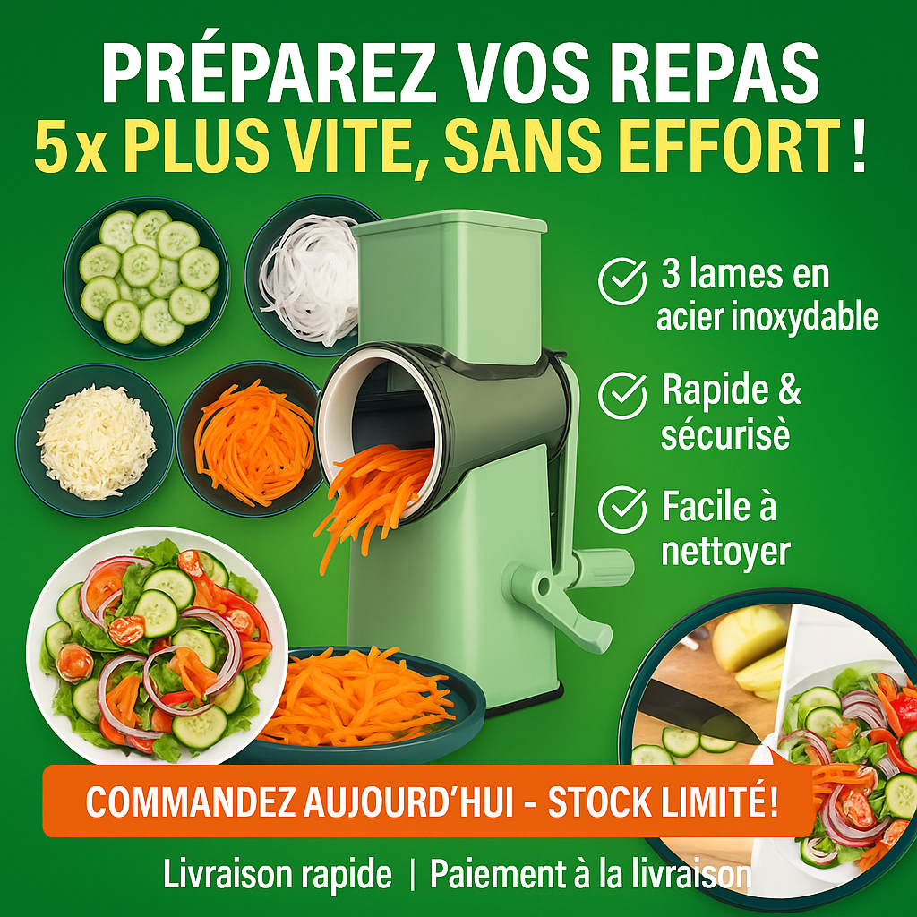 Coupe-légumes Multifonction Rotatif 3-en-1 – Rapide, Pratique & Sécurisé