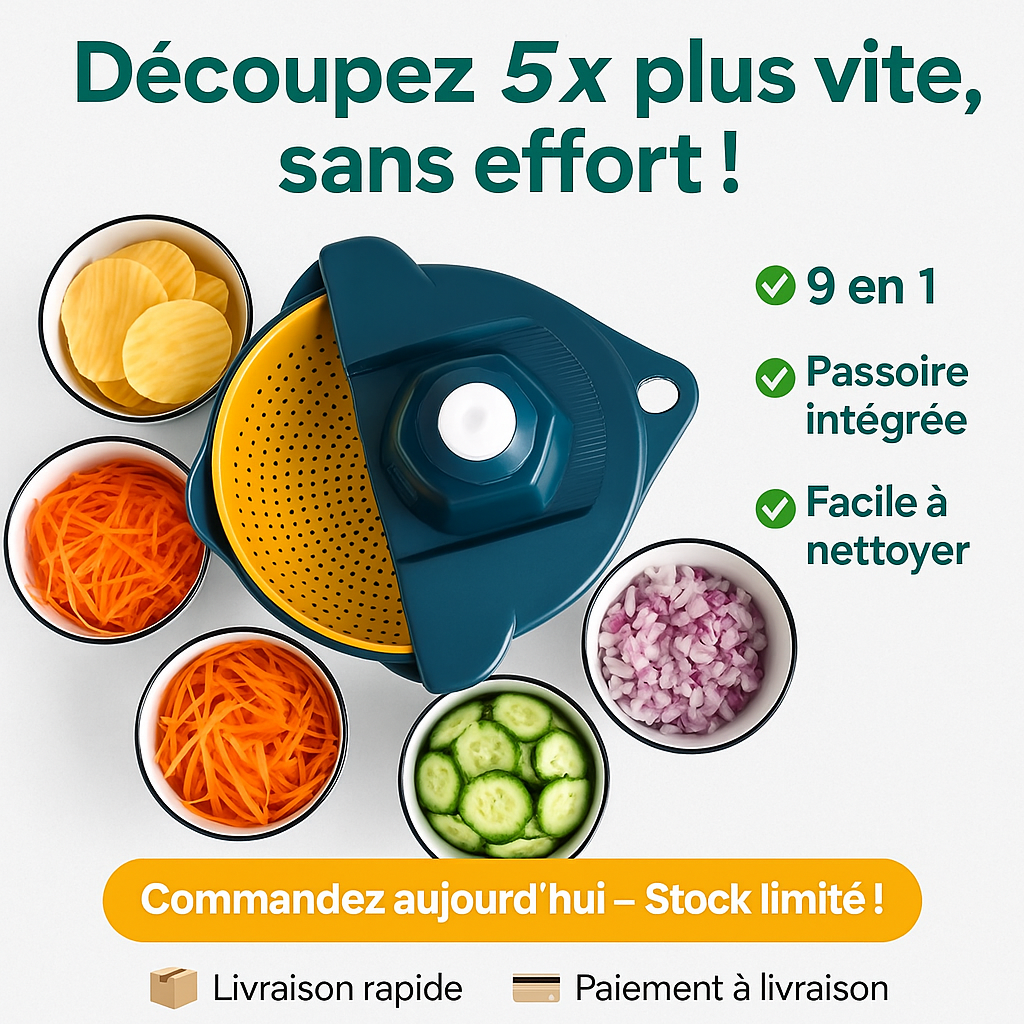 Coupe-légumes Multifonction 9-en-1 avec Passoire Intégrée